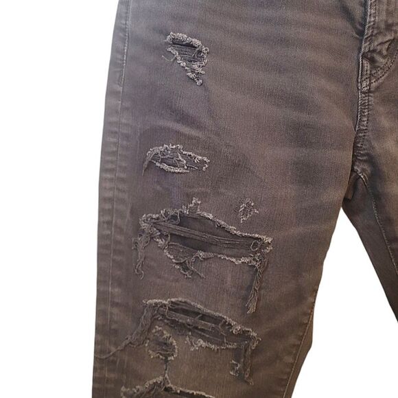 American Eagle Men's Black Distressed Straight Tapered Leg Jeans - Picture 4 of 6